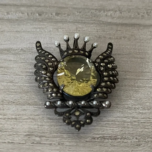 Lemon Citrine Marcasite and Pearl Sterling Silver Brooch - Picture 5 of 8